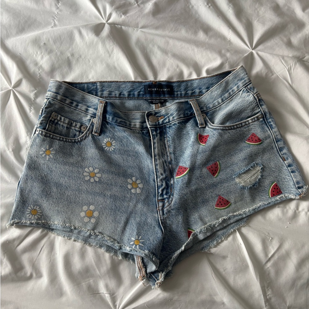 Aeropostale Light Blue Denim Shorts with Watermelon & Daisy Motifs